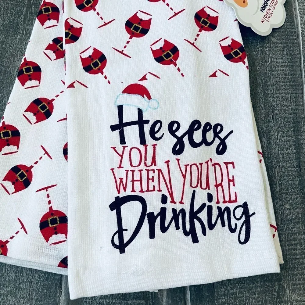 Wine Drinking Santa Claus Christmas Holiday Dish Towels Set